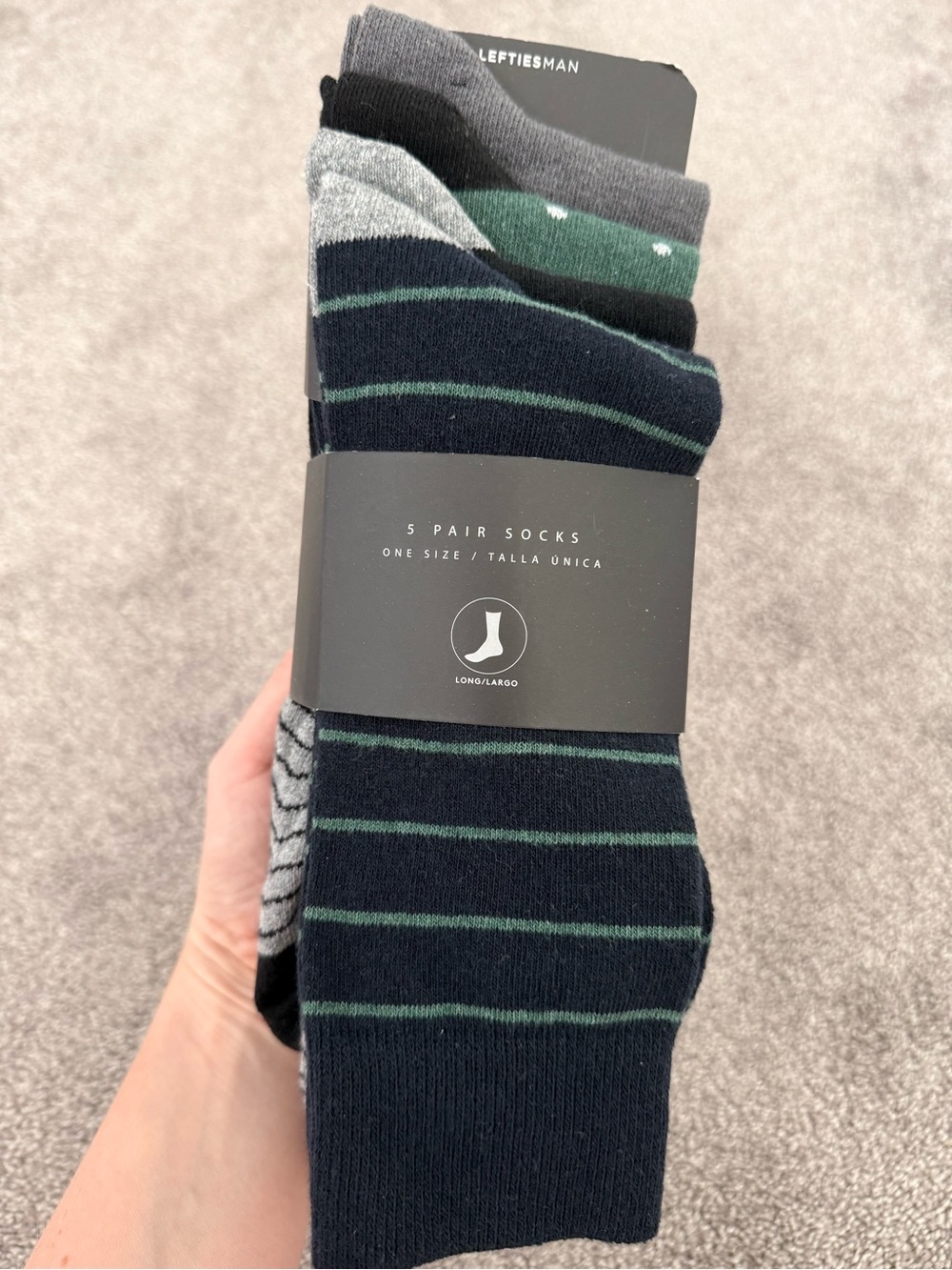 Leftiesman Men's 5-Pack Crew Socks in Navy, Gray & Green
